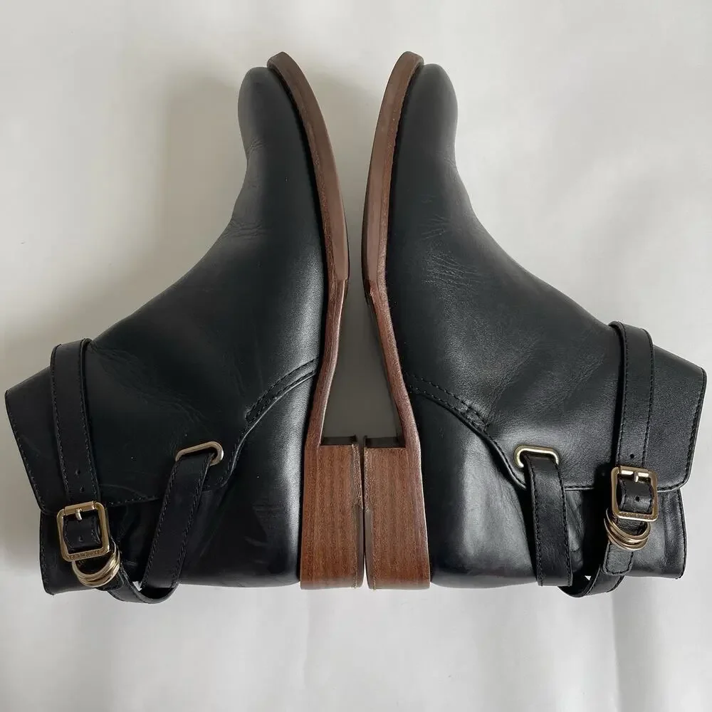 Tory Burch Black‎ Leather Harness Buckle Ankle Boots Size 8M Comfy Booties 5214